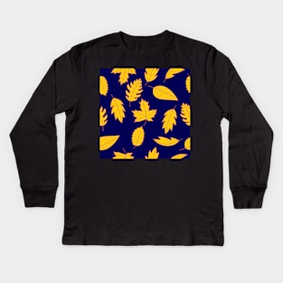 Leaves Pattern - Mustard and Red on Navy Kids Long Sleeve T-Shirt